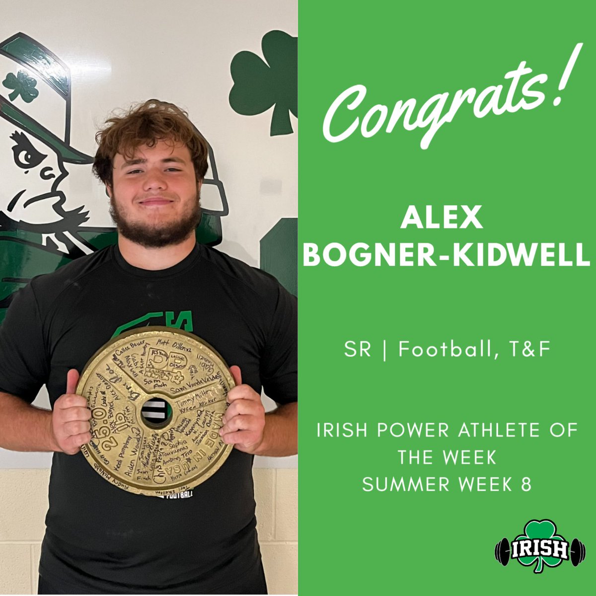 SHS_strength's tweet photo. Alex was 1 of 3 athletes that had PERFECT ATTENDANCE for the whole summer. That's impressive enough to be selected, but Alex also worked his butt off this summer and keeps getting stronger. I look forward to a great football season from him this fall! #1Team #IrishPride https://t.co/oYrUPMZzVH