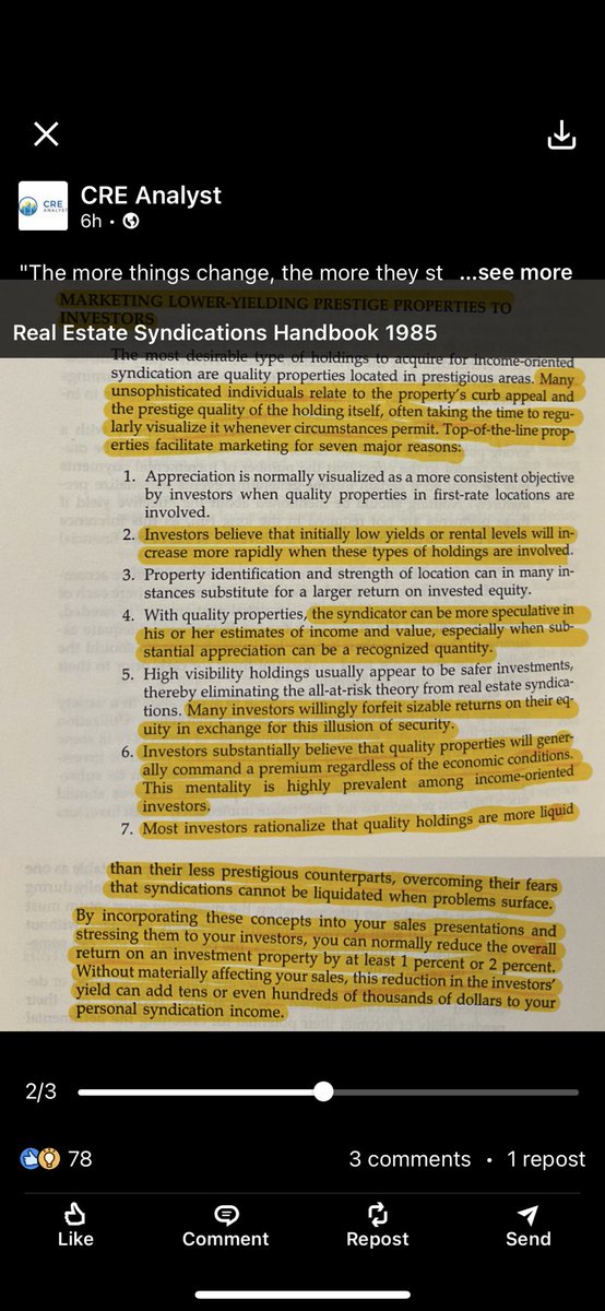 CREanalyst1's tweet photo. "The more things change, the more they stay the same."

The early 1980s were a crazy time of easy money for commercial real estate. Lenders threw money at projects, regardless of their viability, and syndicators pooled equity from small investors (often focused on tax benefits.) 

This book was published immediately before the Tax Reform Act of 1986 undermined the equity syndication model by restraining investors' ability to harness extreme tax benefits from real estate. Shortly after, the S&L crisis blew up the debt markets. Needless to say, this book wasn't a bestseller since it was almost totally irrelevant within a year of being published. 

However, some of this book's principles--especially those focused on convincing investors that lower-yielding properties have less risk--seem to have been implemented by recent apartment syndicators. 

Hopefully, this round of syndications ends better than the mid/late 1980s experience. More than 30% of commercial mortgages originated in 1986  defaulted.