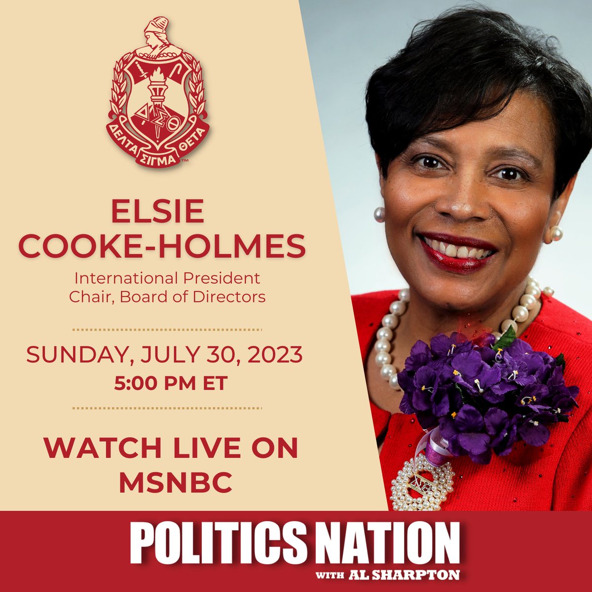 Tune into Politics Nation with Al Sharpton at 5:00 pm TODAY - July 30 - for a special interview featuring International President Elsie Cooke-Holmes! On the heels of #DSTConvention2023, President Cooke-Holmes will talk all things Delta Sigma Theta and NPHC.

#DST1913