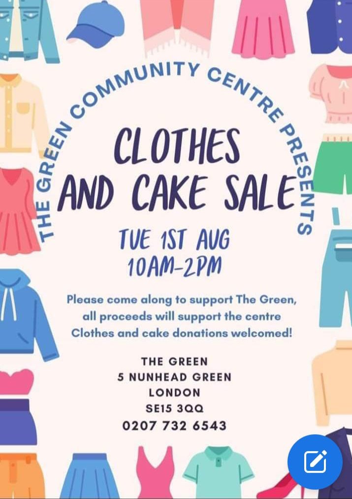 Clothes &amp; Cake Sale at The Green CC Nunhead Green this coming Tuesday 01/08/2023. PLS RT...@thegreennunhead