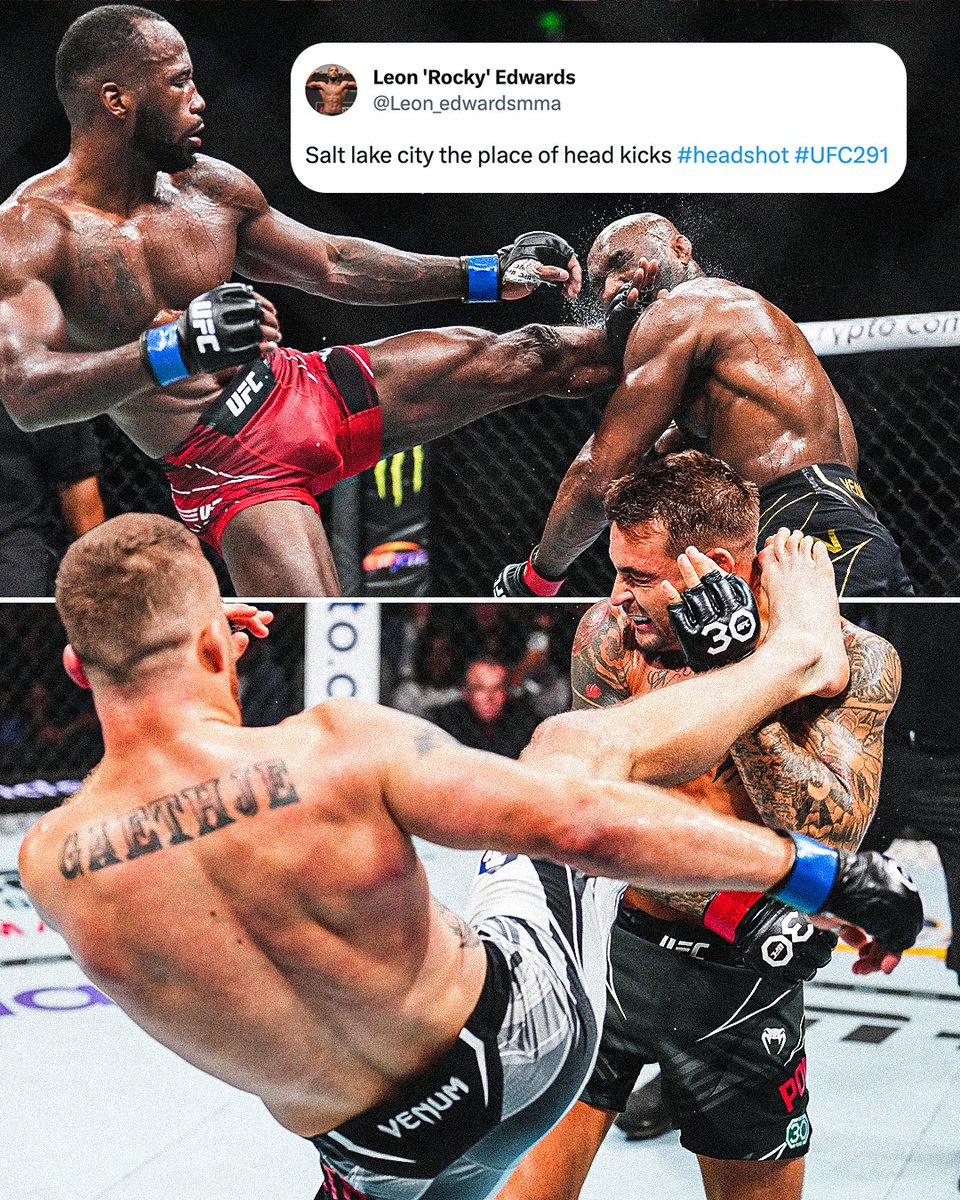 espnmma's tweet photo. High altitude finishes 😮 #UFC291 

@Leon_edwardsmma 🤝 @Justin_Gaethje https://t.co/ZPdHCYQUyi