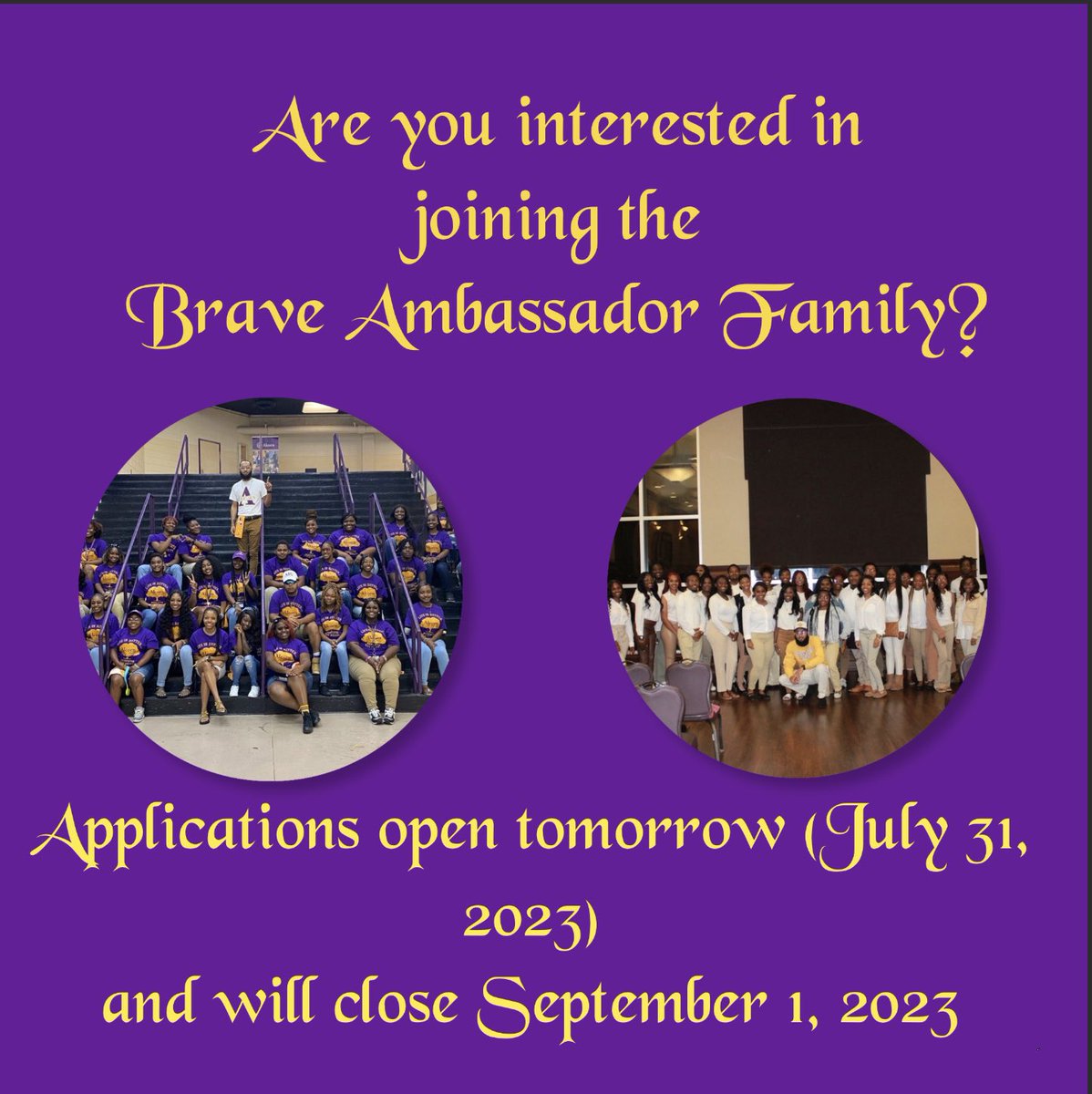 🚨Attention Alcorn State University students🚨If you are interested in joining the Brave Ambassador family, applications will open August 1, 2023, and close September 1, 2023💜💛#alcornstateuniversity #alcorn26 #alcorn24 #alcorn25 #alcorn27