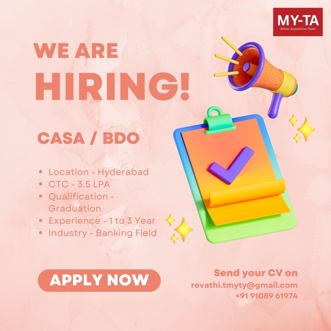 MyTalentsupport's tweet photo. Hiring CASA/BDO in Hyderabad
Apply Now
Send your CV on :
revathi.tmyty@my-ta.co.in
#jobalert #recruitment #field #fieldcollection #hiringalert #hiringnow #jobshunt #jobopening #job #jobseek #jobsearch #digitalmarketing #applynow #recruitment #recruiting  #sales #sale #hyderabad https://t.co/Wes458pa81