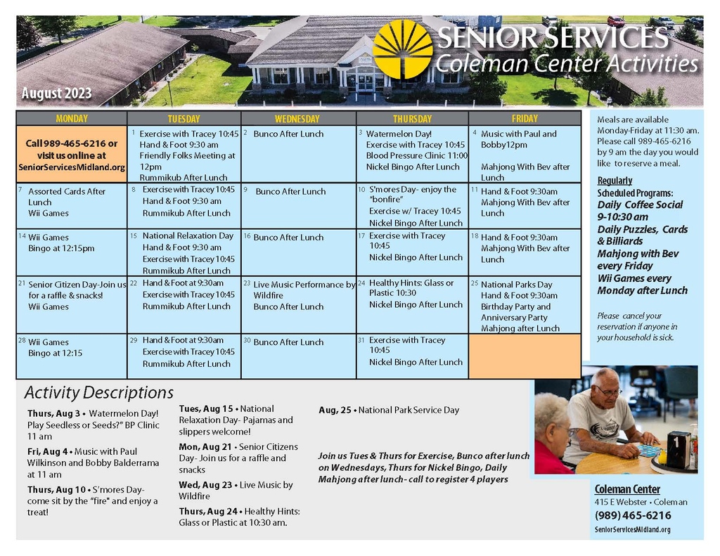 SeniorServing's tweet photo. Check out the incredible activities planned at Trailside, Sanford, Coleman, Mills &amp; Greendale for the month of August! Visit the calendar to learn more - https://t.co/KruEH6IkWF https://t.co/MJMIY6Njru