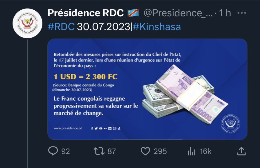 SwediSilas's tweet photo. Après la #RTNC, c’est La #présidence qui se #masturbe aussi #intellectuellement, 🤣🤣🤣🤣 on ne trompe pas l’économie… actuellement la seule chose à faire pour redonner rapidement une petite valeur au CDF est l’injection du dollar 💵 sur le marché (ce le rôle que joue la réserve de change ). En dehors de ça, aucune mesure ne pourra rapidement faire changer la tendance et stabiliser le taux pour un bon moment.
La question reste à savoir: ou est le plus de 4milliard de réserve que nous chante les gouvernements?
D’ici le mercredi le taux officiel sera à 2500$ croyez moi😅.
#RDC