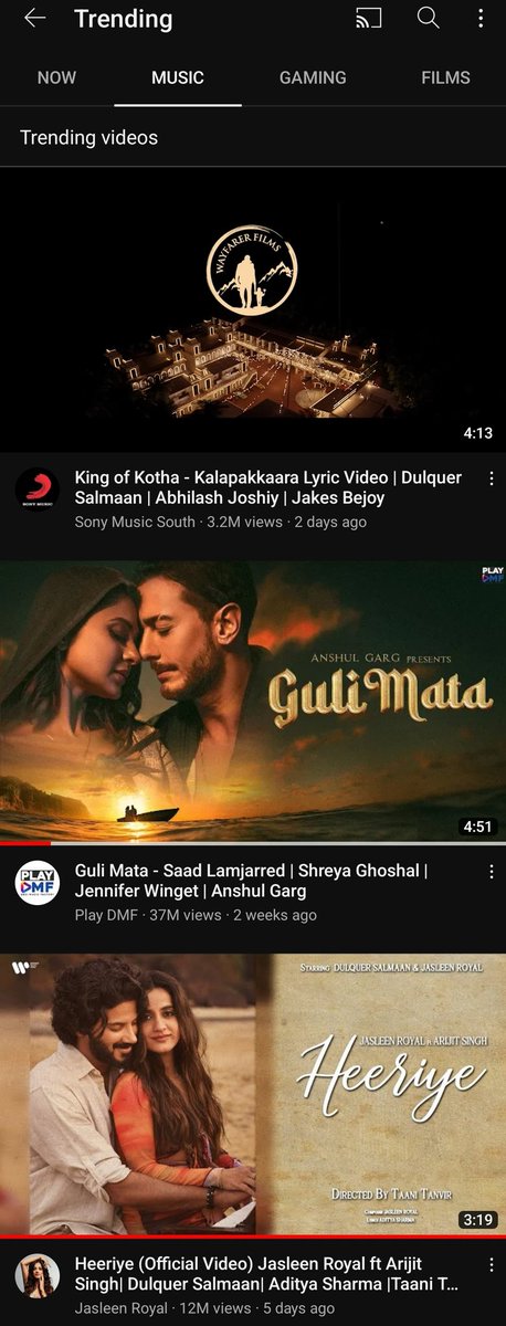 DQ_Unofficial's tweet photo. @dulQuer is trending in #Youtube music.
#Kalapakkaara #Heeriye #Kalattakkara #jalajalahai all is trending irrespective of language
Its unexpected welcoming for #KingofKotha.
#Shreyagoshal @jasleenroyal @SonyMusicSouth @ZeeStudios_ @zeestudiossouth https://t.co/mzPTKSMSMZ