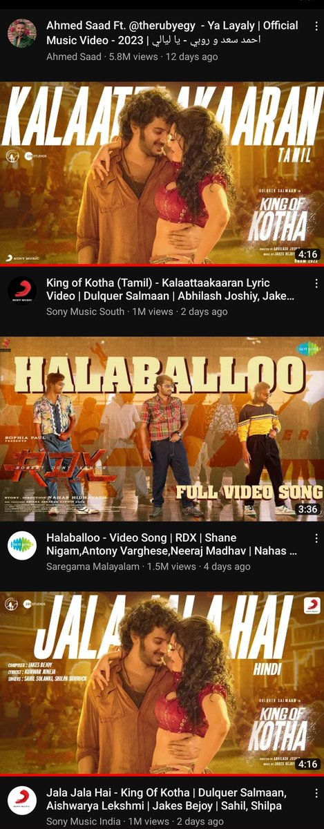 DQ_Unofficial's tweet photo. @dulQuer is trending in #Youtube music.
#Kalapakkaara #Heeriye #Kalattakkara #jalajalahai all is trending irrespective of language
Its unexpected welcoming for #KingofKotha.
#Shreyagoshal @jasleenroyal @SonyMusicSouth @ZeeStudios_ @zeestudiossouth https://t.co/mzPTKSMSMZ