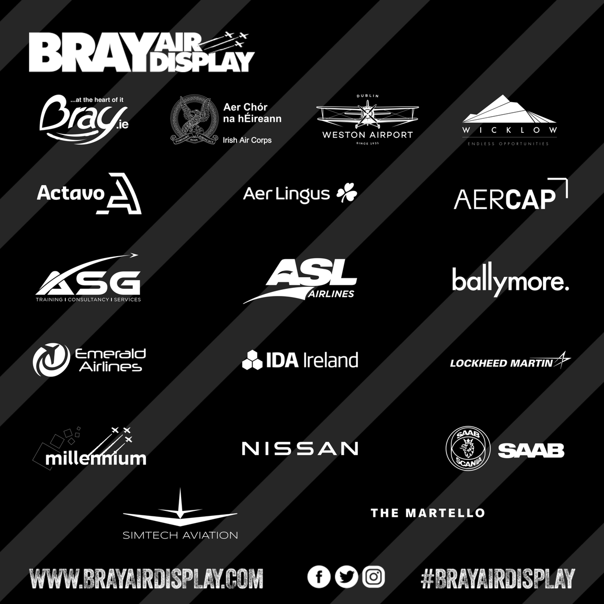 The #BrayAirDisplay's success is thanks to @bray_ie @IrishAirCorps @westonairport @wicklowcoco @actavo_hq @aerlingus @aercapnv @asg_ato ASL @ballymore Emerald Airlines @IDAIRELAND @lockheedmartin Millennium @nissanireland @saab @SimtechAviation & @martellobray 🙌