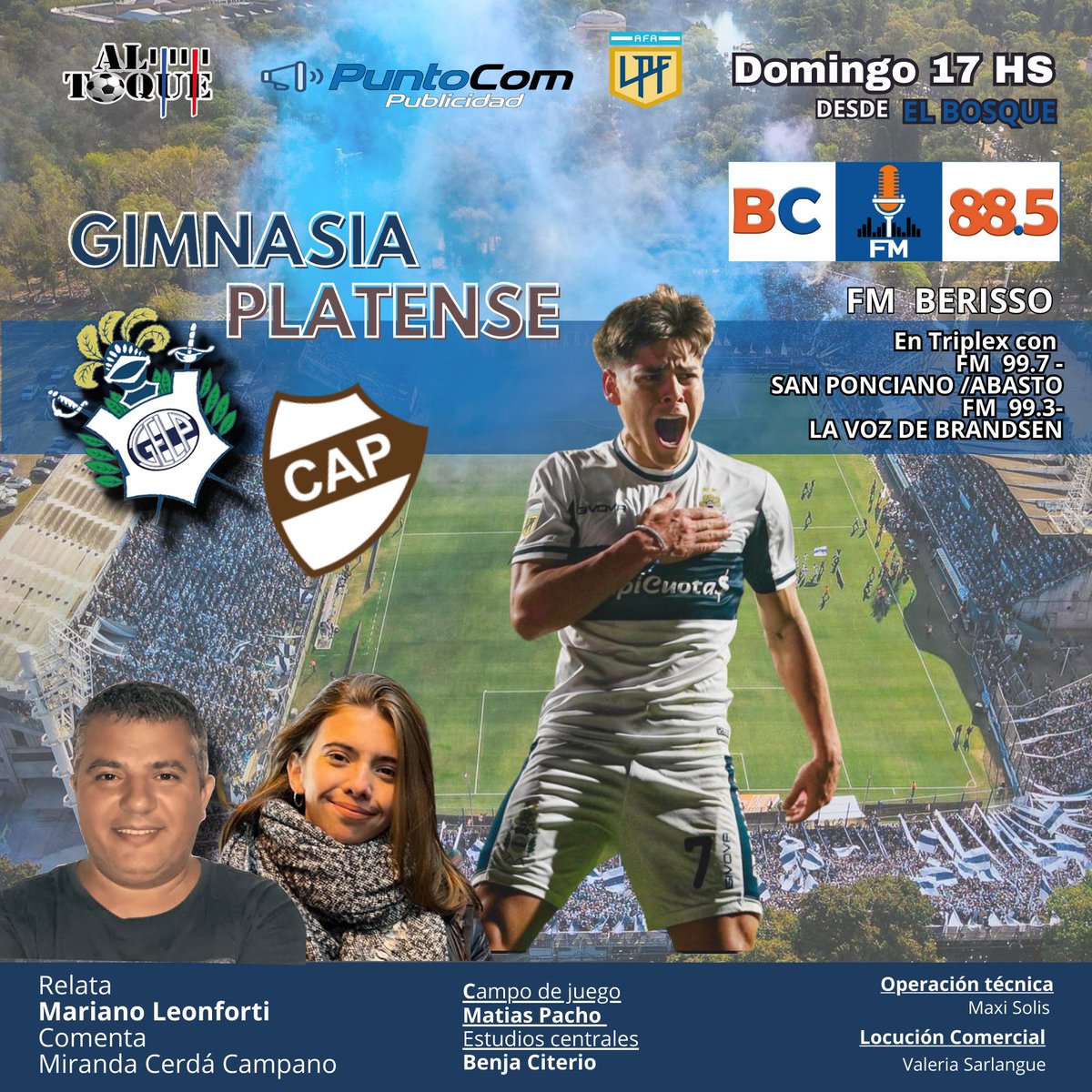 Juega <a href="/gimnasiaoficial/">Club de Gimnasia y Esgrima La Plata</a> 🐺🤍💙🤍 vs @clubatleticoplatense⚽️lo vivis por <a href="/CRadialNOVA/">FM Berisso Ciudad</a>  con los relatos de <a href="/Mleonforti721/">Mariano Leonforti</a> 🗣️🎙️y los comentarios de <a href="/mirandacerda/">Miranda Cerdá</a> 🔍📻 CAmpo de Juego <a href="/MatiasPachon/">Mati</a>