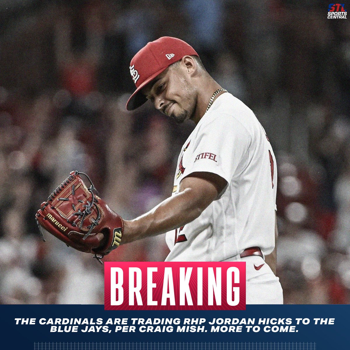 Sports Hub STL (@sportshubstl) on Twitter photo BREAKING: The #STLCards are trading RHP Jordan Hicks to the Blue Jays, per <a href="/CraigMish/">Craig Mish</a> BREAKING: The #STLCards are trading RHP Jordan Hicks to the Blue Jays, per <a href="/CraigMish/">Craig Mish</a>