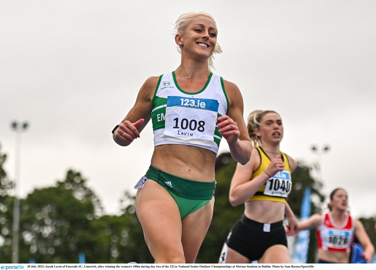 A special win for Sarah 💚 Lavin (Emerald A.C.) does the double. She adds the 100m National Senior Title to the 100mH Title she won yesterday (11.53) She also produced 3 consectutive PB's in tough conditions 👏 🥈Lucy-May Sleeman (Leevale A.C.) 11.85 🥉Mollie O'Reilly (Dundrum