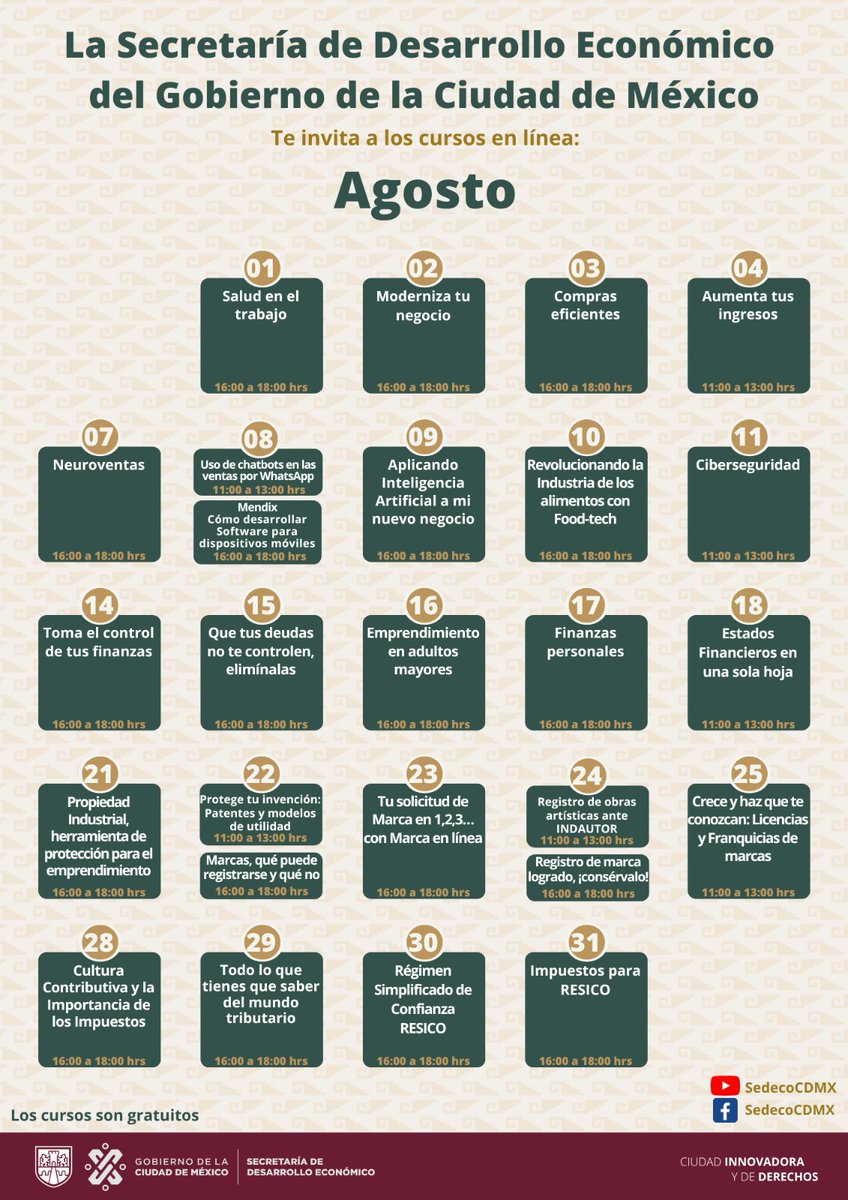SedecoCDMX's tweet photo. 🗓 ¡Ya están aquí los cursos empresariales del mes de agosto!

📊 Es momento de hacer crecer tu negocio

✅ Conoce sobre emprendimiento, #MiPymes y más con nuestros aliados estratégicos.

⚠️ Son gratuitos, para inscribirte solo regístrate en este link:

https://t.co/zyDMXbx8zu https://t.co/xbRSxfYCqr