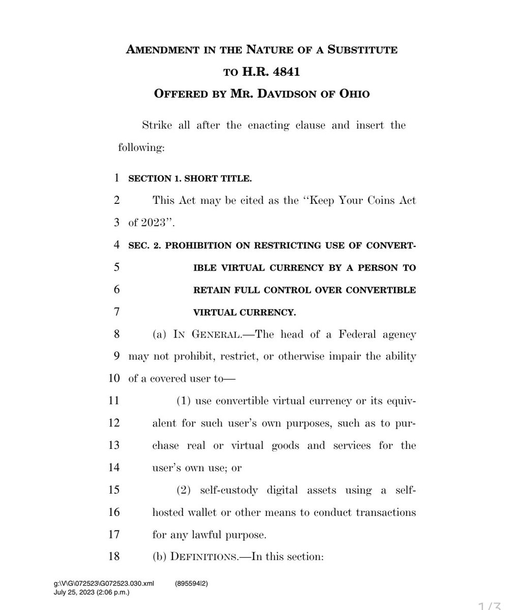 IdentityBlock's tweet photo. H.R. 4841, the 
“Keep Your Coins Act of 2023,” proposed by Rep. @WarrenDavidson (OH)

Is one of the most positive bills I've seen proposed for DeFi in the past 10 years, since the IRS NOTICE 2014-21 making #BTC    property back on 2014, this proposal protects DeFi Stakers $HEX https://t.co/h9mhVo1sgU