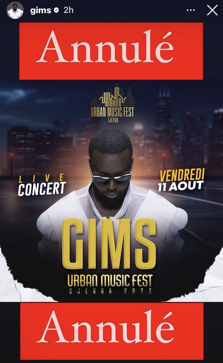 RapFrActus's tweet photo. 🚨GIMS décide d’annuler son concert prévu en Tunisie en soutien aux migrants victimes de traitements inhumains ! 

👏 https://t.co/MRuCPE2Pa3