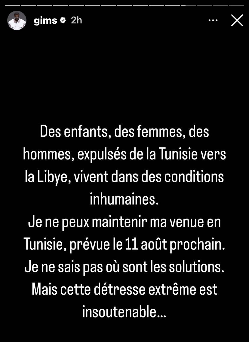 RapFrActus's tweet photo. 🚨GIMS décide d’annuler son concert prévu en Tunisie en soutien aux migrants victimes de traitements inhumains ! 

👏 https://t.co/MRuCPE2Pa3