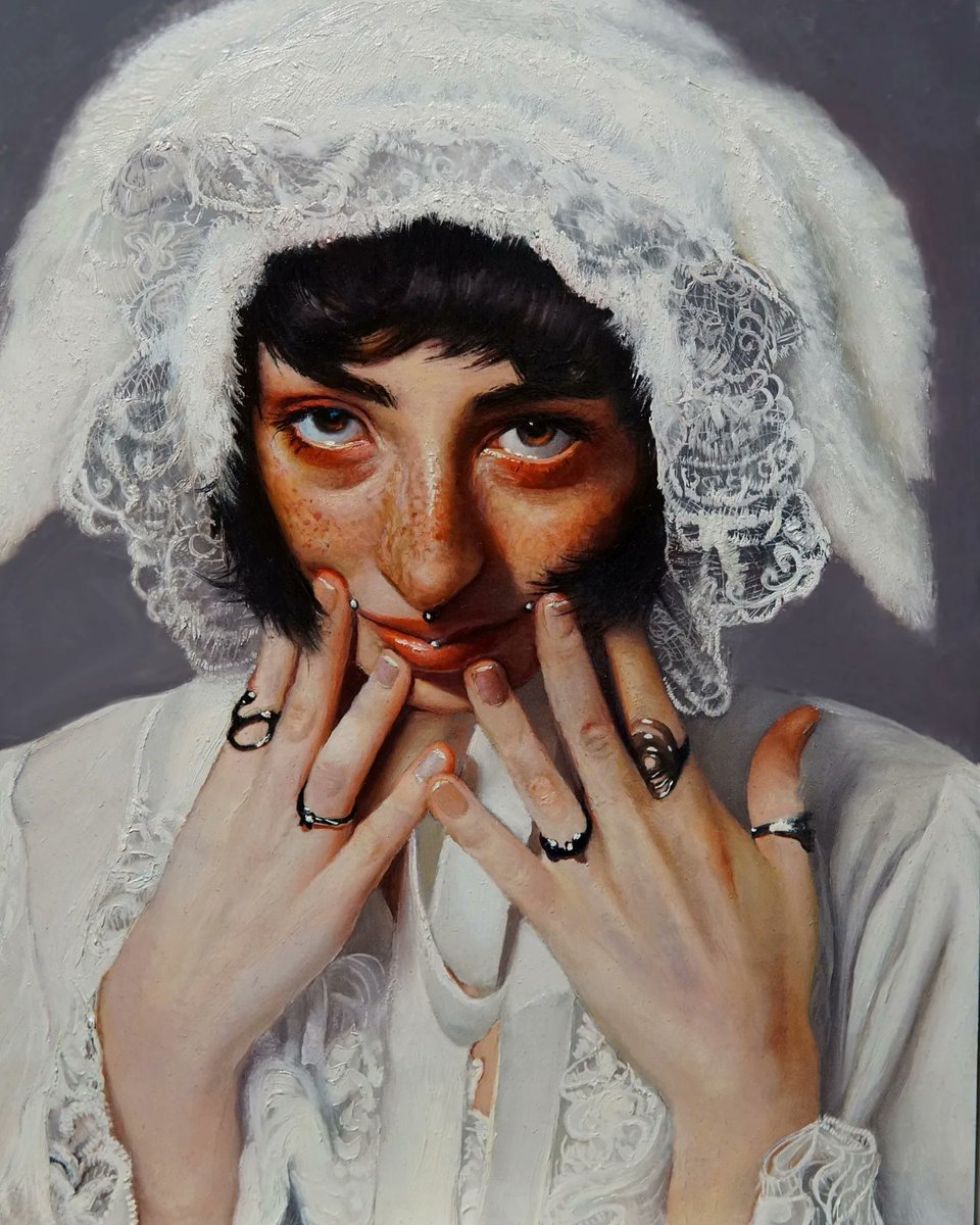 nephiliminwhite's tweet photo. Gown of obscurity 
Oil and graphite on panel 
11x14 inches https://t.co/6R7BFfcfoN