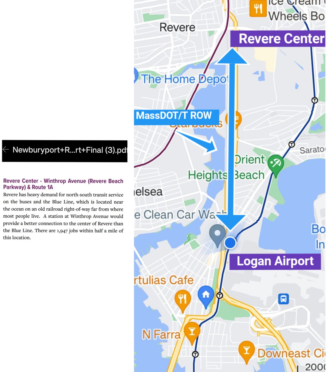 Suggestion... <a href="/transitmatters/">TransitMatters</a> report for <a href="/MBTA_CR/">MBTA Commuter Rail</a> improvements for the #Newburyport #Rockport line, Revere Center in-fill station should recommend <a href="/BostonLogan/">Boston Logan International Airport</a> shuttle bus via <a href="/MassDOT/">Mass. Transportation</a> Chelsea Creek ROW... 2-seat ride to Logan terminals f/all parts of North Shore.
