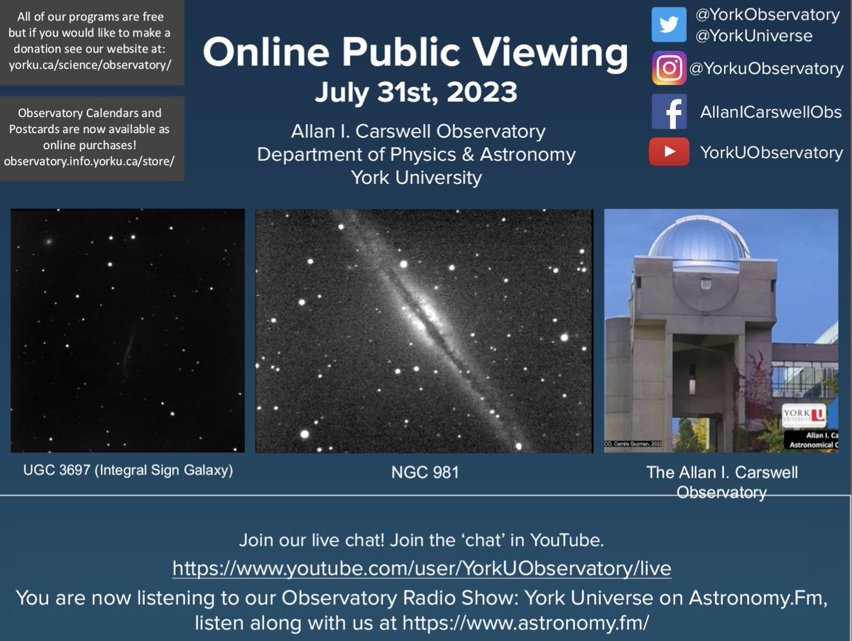 Tomorrow, July 31st, we will be having our online public viewing (OPV), happening at 9:00pm and featuring live audio from <a href="/YorkUniverse/">York Universe Radio</a> 💫✨🔭
You can join the following link:  youtube.com/user/YorkUObse…