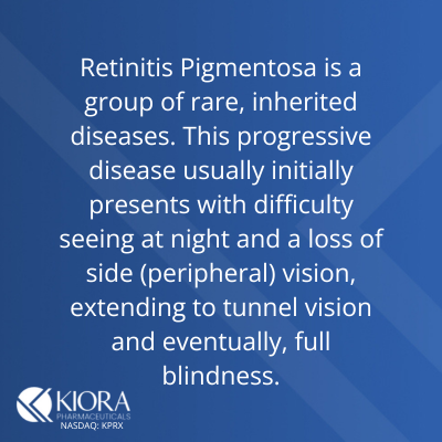 KioraPharma's tweet photo. There are no approved therapies to help patients with retinitis pigmentosa, which is estimated to affect 100,000 people in the U.S. alone. #RetinitisPigmentosa #blindness #vision #visionrestore $KPRX
https://t.co/QPdP53pebt https://t.co/Zc47lQCUVZ
