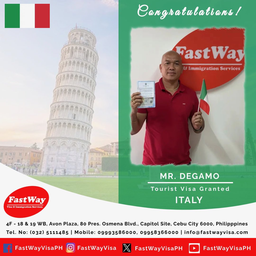 FastWayVisaPH's tweet photo. VISA NOTIFICATIONS: SCHENGEN VISA GRANTED FOR ITALY! CONGRATULATIONS MR. DEGAMO ๐ฎ๐น๐
#SchengenVisa #Short-stay #Long-stay #AuPairVisa #fianceevisa
#businessvisa #settlementvisa #freeassessment
#VISaassisstance
#worldwideservices #freeconsultation #fastway #manila #cebu
#fastway #visaapproved #visaconsultancy