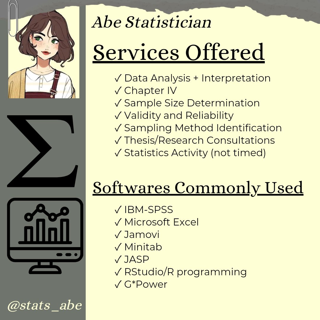 Research is tiring, but please know that I am one chat away if you need me.

Hi commstwt, this is Abe your go to statistician this coming school year. Please do not hesitate to dm me/fill out the form if you need help with your stat and research📊

Visit: #abeproofs