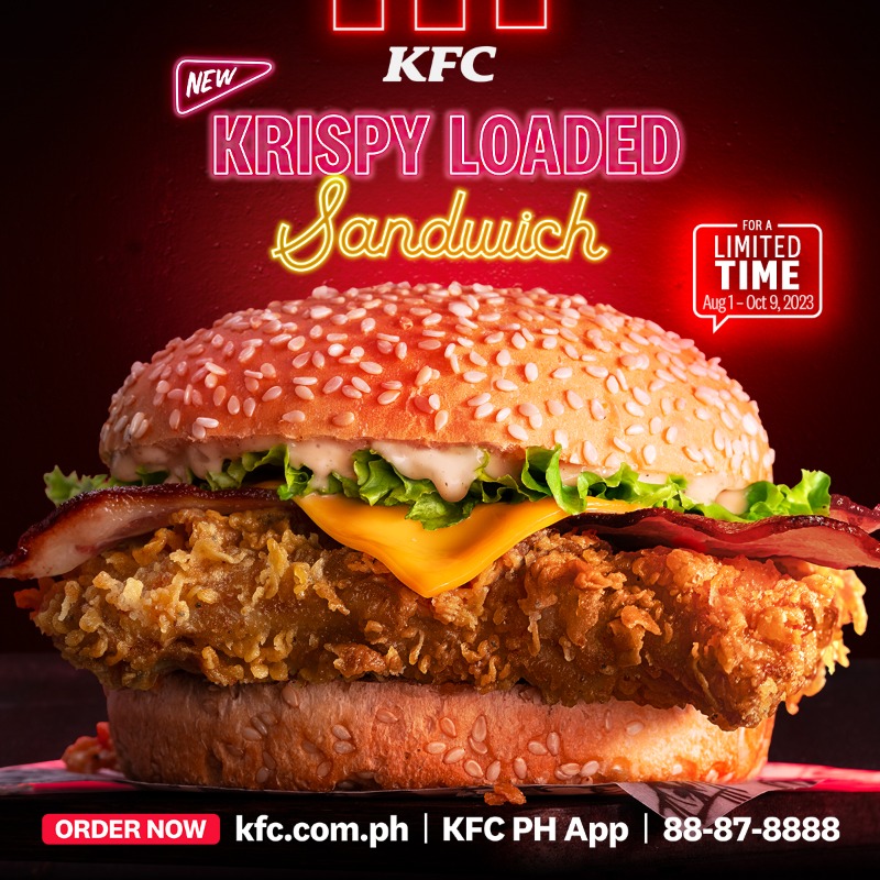 KFCPhilippines's tweet photo. This is not your regular chicken sandwich – introducing the NEW KFC Krispy Loaded Sandwich! 🍔

Feel the crunch with our Crispy Chicken Fillet matched with layers of Gravynnaise ™, lettuce, cheese, and bacon! 🤤🔥