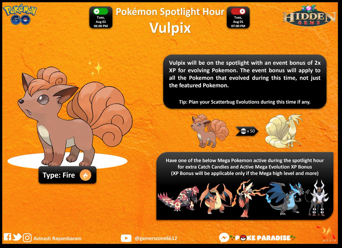 rayambaram's tweet photo. ๐ฎ๐ณ
๐ Pokemon Spotlight Hour: Vulpix
๐๏ธ Tuesday, August 01st 2023
๐ 06:00 PM to ๐ 07:00 PM local time
๐ฅ 2x XP for Evolving Pokรฉmon
#PokemonGo #SpotlightHour #Vulpix #infographics #DoubleEvolutionXP #Pokemon https://t.co/g7379hdhqh
