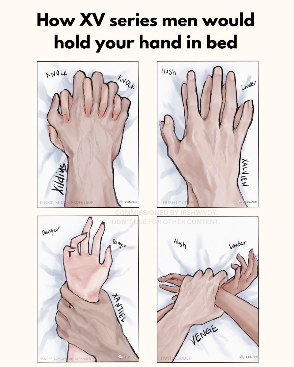 How XV series male leads would hold your hand in bed 😍❤️ (art by @chz_pizza ) NOTE: Commissioned by irshwndy. Don't use for other content.