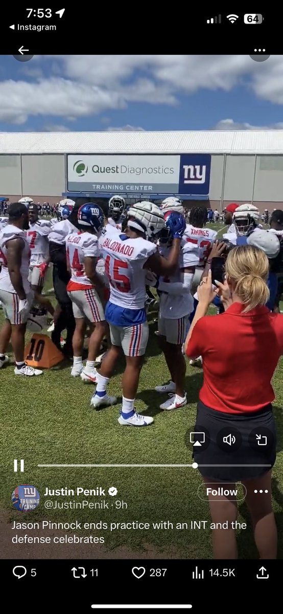 PITTSteve's tweet photo. Love seeing #PittInThePros #H2P ⁦@Jason_Pinnock⁩ and Haba Baldonado embrace after a huge pick to end ⁦@Giants⁩ practice today! https://t.co/UiLu9FcGfb