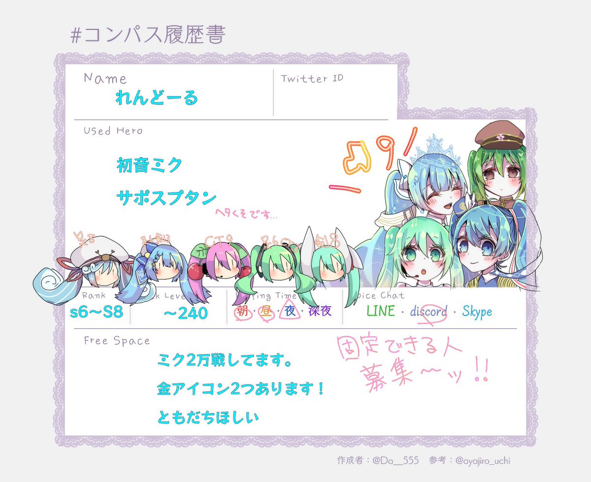 lendoll14's tweet photo. #コンパス履歴書
せろちゃんに履歴書描いて頂きましたので更新します！🥰🥰
ミク25000戦、金アイコンは2つ、基本スプタンメインで恒常220～240組めます！いつも@1募集してたり、日中枠埋めフレンズ無限に募集してたりします！よろしくお願いします☺️
3歳と1歳の子もいるのでママ友さんも募集！ https://t.co/AKbl3Mksh7
