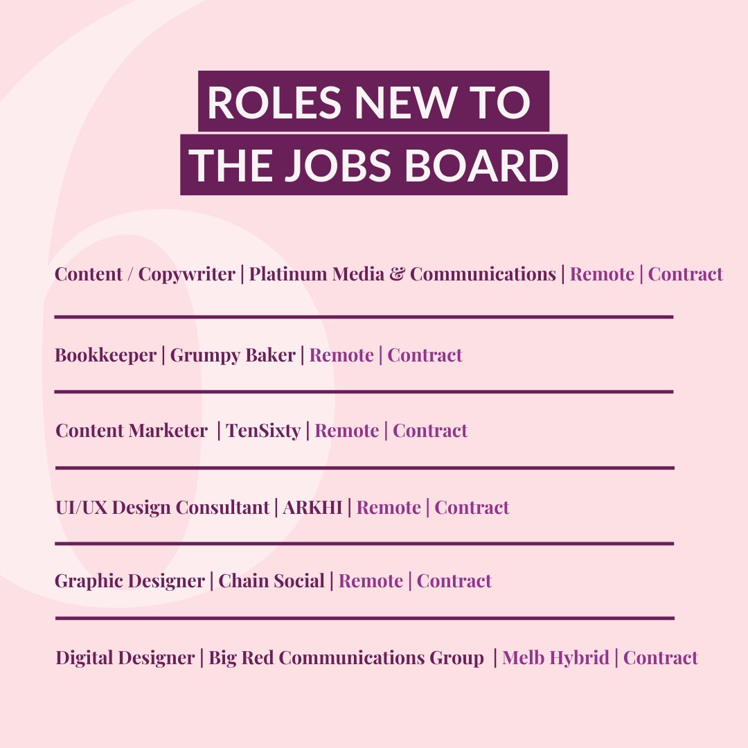 📣LOOKING FOR A NEW GIG?📣 We've rounded up six of the hottest freelance contract roles that are worth your attention:​​​​​​​​​

💎 Content / Copywriter
💎 Bookkeeper
💎 Content Marketer
💎 UX/UI Design Consultant
💎 Graphic Designer
💎 Digital Designer

Tag someone who might be