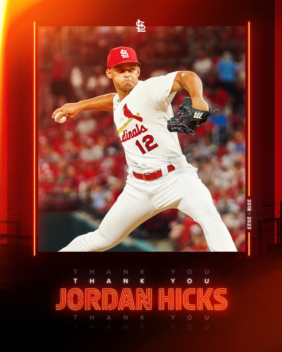 Cardinals's tweet photo. A Cardinal since he was drafted in 2015, Jordan Hicks posted a 3.98 and recorded 28 saves, appearing in five seasons in St. Louis. 

Best of luck in Toronto, Jordan! https://t.co/as9WhghYb6
