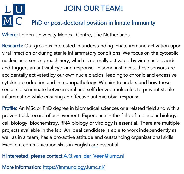 Annemarthe Van der Veen (@vanderveenlab) on Twitter photo Are you excited about #innateimmunity #nucleicacidsensing #interferons #ADAR1 #ncRNA #viralinfection #reproductiveimmunology? Want to live & work in Leiden? We’re recruiting a PhD student or post-doc for our team <a href="/LUMC_Leiden/">LUMC Leiden</a> <a href="/GlobalLumc/">LUMC Global</a> 🥳 🧬🦠🧫🥼👩🏻🔬🔬🇳🇱
Please RT far & wide! Are you excited about #innateimmunity #nucleicacidsensing #interferons #ADAR1 #ncRNA #viralinfection #reproductiveimmunology? Want to live & work in Leiden? We’re recruiting a PhD student or post-doc for our team <a href="/LUMC_Leiden/">LUMC Leiden</a> <a href="/GlobalLumc/">LUMC Global</a> 🥳 🧬🦠🧫🥼👩🏻🔬🔬🇳🇱
Please RT far & wide!
