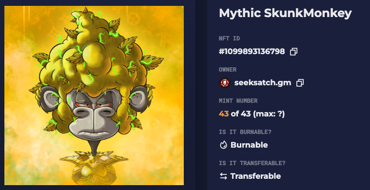 seekersatchel's tweet photo. Its been a wild ride, been swingin through the trees with @SkunkyChunks for nearly a year and a half and I just blended THIS BAD ASS! I am so pumped to have made this climb! #Mythic #SkunkMonkey #NFT #NFTs #NFTArt #NFTArtist #DopeArt #DopeArtist #CannabisCulture #WeedLife #WAXP https://t.co/TGKNgF6pez