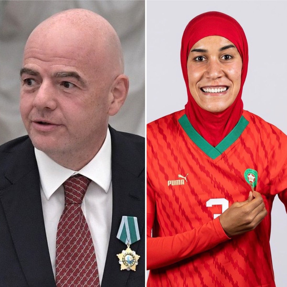 CerfiaFR's tweet photo. 💚🧕 SMILE | Le beau message du Président de la #FIFA, Gianni Infantino, concernant Benzina. 🇲🇦

« Nouhaila Benzina est devenue hier la première joueuse à porter un hijab lors d'un match de Coupe du Monde féminine de la FIFA. Le football est inclusif, tolérant, universel et varié ». 👏