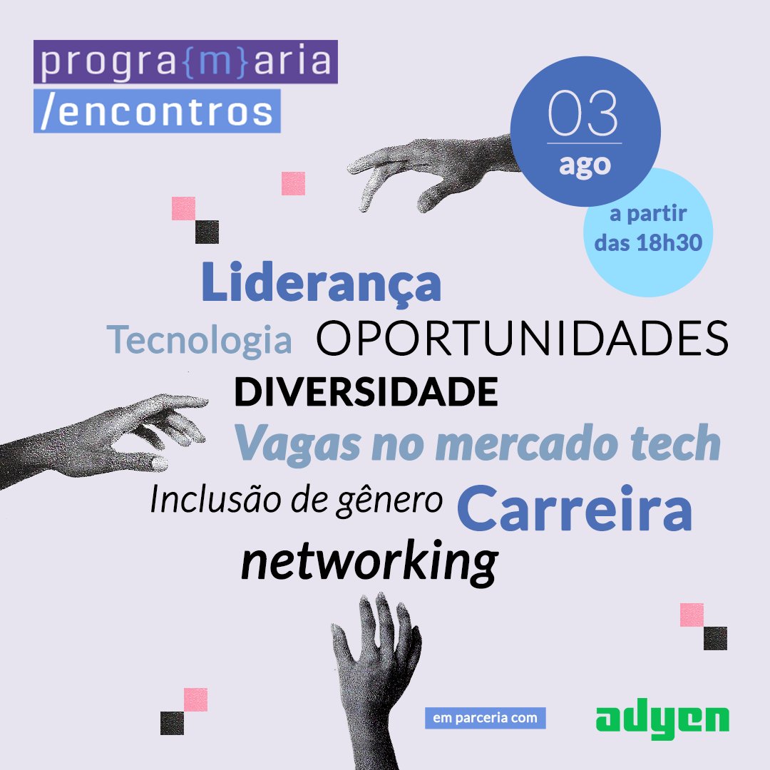 programaria's tweet photo. Se esse são temas que você tem interesse então a gente te espera no #Encontros que vai rolar quinta-feira a partir de 18h30, presencial (vagas limitadas) e com transmissão on-line ao vivo ✔️ #PrograMariaEncontros 📲 inscrição 100% grátis no link da bio.
https://t.co/hm3O4JP0o3 https://t.co/AuRsxYRQsg