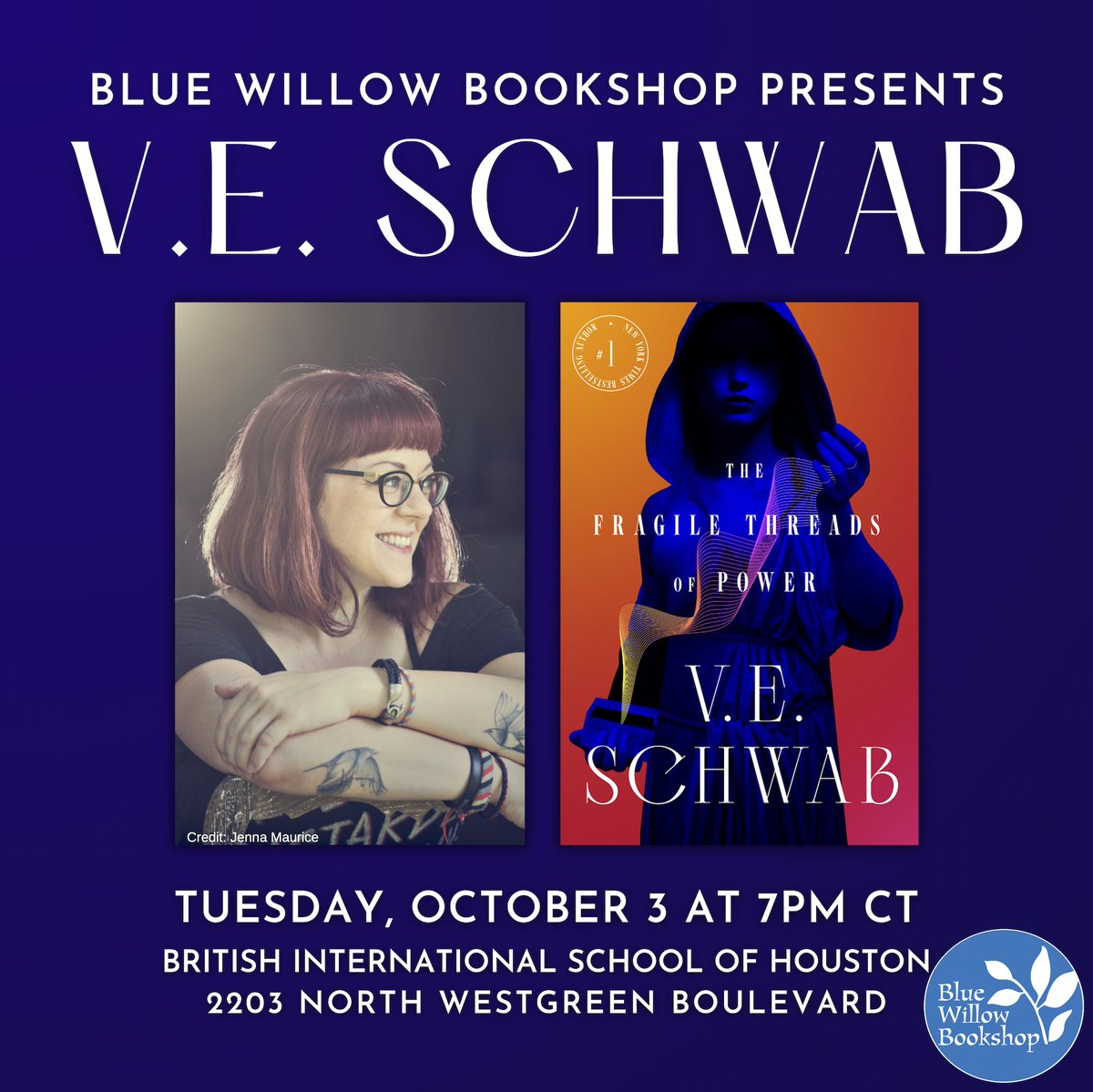 #1 New York Times bestselling author <a href="/veschwab/">Victoria/V.E. Schwab</a> is coming to #Houston! Join us for an event celebrating her new book, THE FRAGILE THREADS OF POWER.

Get your tickets now: bluewillowbookshop.com/event/schwab-2… <a href="/torbooks/">Tor Books</a>