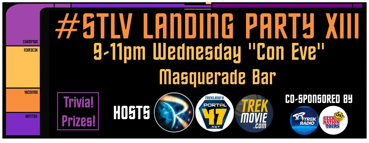 If you will be at #57YearMission (#stlv) be sure to join us this Wednesday, 9-11 pm at the Masquerade for the annual Landing Party. We have swag! 🖖
