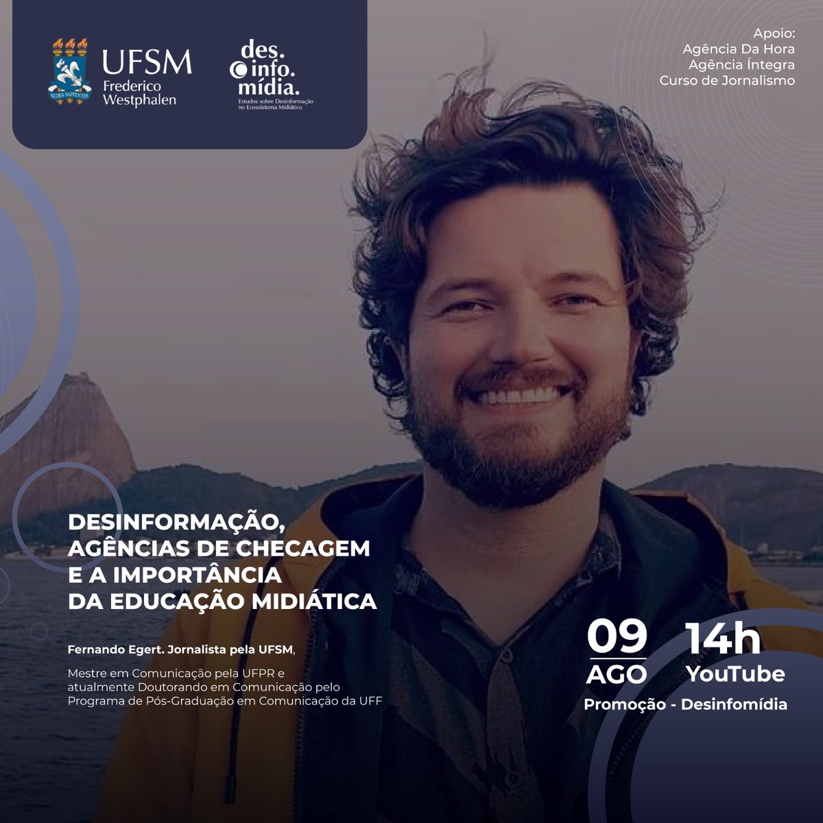 desinfomidia's tweet photo. Na quarta-feira dia 09/08 temos mais um evento de nosso grupo de pesquisa. O bate-papo com o egresso de Jornalismo da UFSM campus FW será presencial com transmissão no YouTube do campus. Em breve divulgaremos as inscrições. https://t.co/NvuS1KE58Z https://t.co/SFaqNiWJFP