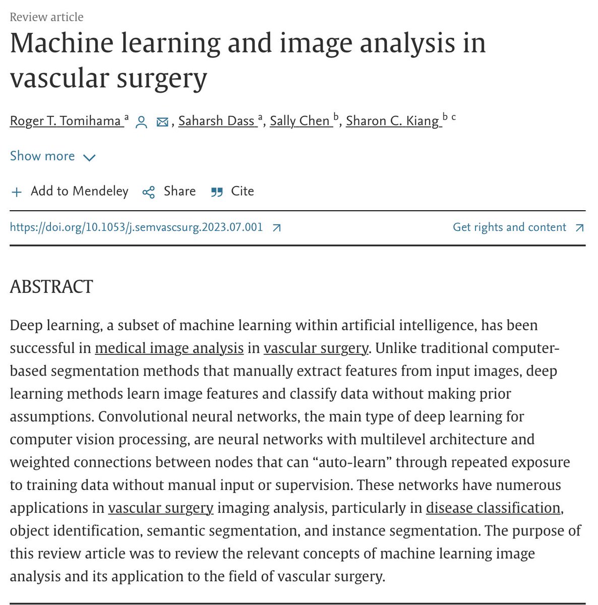Sharon_Kiang_MD's tweet photo. #CAIVE Curious about computer vision in AI? Here's a paper from co-PI @Roger_Tomihama breaking it down. Our complete @SeminarVascSurg dedicated to AI coming soon. @CaitlinWHicks @JoePantojaMD @DrLeeMM @ArchanaR8 @DrSharonLum
https://t.co/QVl0jTm2Uj https://t.co/vzdOsJvGh6