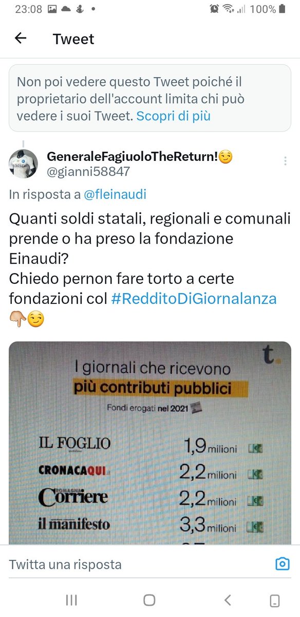 gianni58847's tweet image. Che strano. Ho forse fatto una domanda ad una fondazione fondata sul #sudore degli italiani che mi avete bloccato?
Non era più semplice rispondere a non fare figure di merda?
A @fleinaudi dico.😏👇🏼