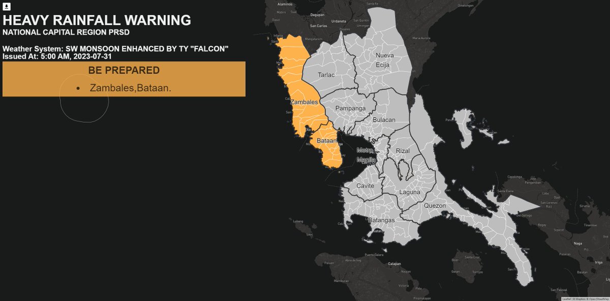 dost_pagasa's tweet photo. Heavy Rainfall Warning No. 1  NCR_PRSD
Weather System: SW MONSOON ENHANCED BY TY "FALCON"
Issued at: 5:00 AM,31 July 2023

Orange Warning: Zambales, Bataan.
Associated Hazard: FLOODING is THREATENING

Meanwhile, Expect light to moderate with occasional heavy rains over MetroManila, NuevaEcija, Bulacan, Cavite, Batangas within the next 3 hours.

Light to moderate with occasional heavy rains affecting Tarlac, Pampanga which may persist within 3 hours.

The public and the Disaster Risk Reduction and Management Offices concerned are advised to MONITOR the weather condition and watch for the next advisory to be issued at 8:00 AM Today.

For more information and queries, please call telephone numbers 8922-1992 and 8927-1335 or log on to https://t.co/UVDoibkVeg.