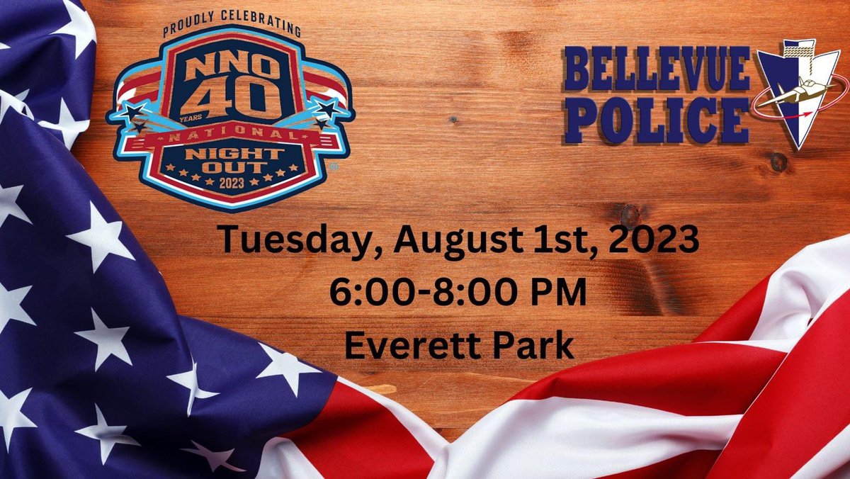 This Tuesday night, Aug 1st, from 6-8 pm. Join us at <a href="/CityofBellevue/">City of Bellevue</a> Everett Park for #nationalNightOut2023. There will be police displays, free food, face painting and bounce houses. <a href="/BellevuePolice/">Bellevue Police</a>