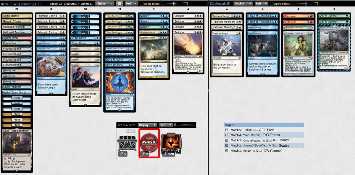 Nicolol237's tweet photo. Here I am with my second league! 4-0 into 4-1 ๐ฅฒ again due to my internet connection. Veil was ok but anyway it was usefull against the new top deck... RG Ponza! ๐
#MTGModern #JeskaiControl https://t.co/GDJcMRrGdO