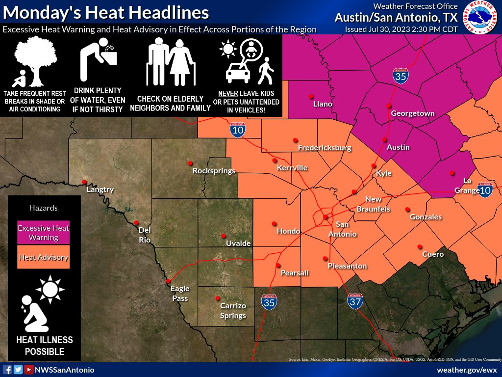 NWSSanAntonio's tweet photo. Temperatures are forecast to get hotter over the next couple of days.  Heat Advisories and Excessive Heat Warnings have been expanded for Monday. Please continue to practice these heat safety tips.  In addition, be cautious with outdoor activities that could spark a wildfire. https://t.co/DB5vOSz7u9
