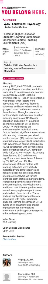 zou_research's tweet photo. 📢🦠🌎🖥️ Discover global higher ed student learning in COVID-19! Join us @APADivision15 @APAconvention #APA2023, Walter E. Washington Convention Center, 8/5 (Sat) 1-1:50 PM. Don't miss it! #HigherEd #StudentLearning #COVID19 https://t.co/RobNvVoCbs
