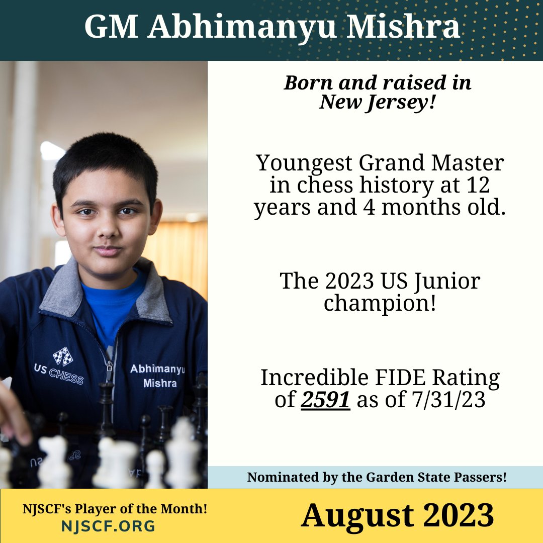 NJ_Chess's tweet photo. For the first-ever NJSCF Player of the Month, we are glad to have been nominated from the Garden State Passers (@PassersGG ) a famous native New Jerseyan who inspires chess players of all ages. GM Abhimanyu Mishra (@ChessMishra) is the youngest Grand Master in history. Congrats! https://t.co/EvlqsGTTPM