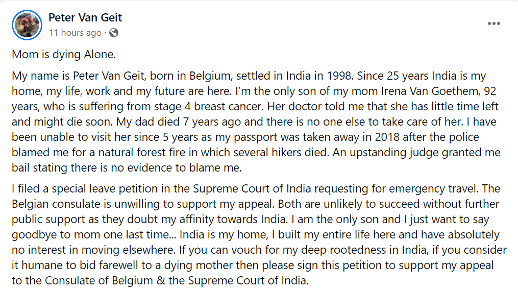 CivicOp_india's tweet photo. Respected @DrSJaishankar, your government aims to improve relationships with other nations, yet it's hostile to Peter Van Geit, a Belgian citizen in India since '98. His passport's held due to no fault of his. Please help @petervangeit to see his mother in her last days @MEAIndia https://t.co/LjNZKxZgpC