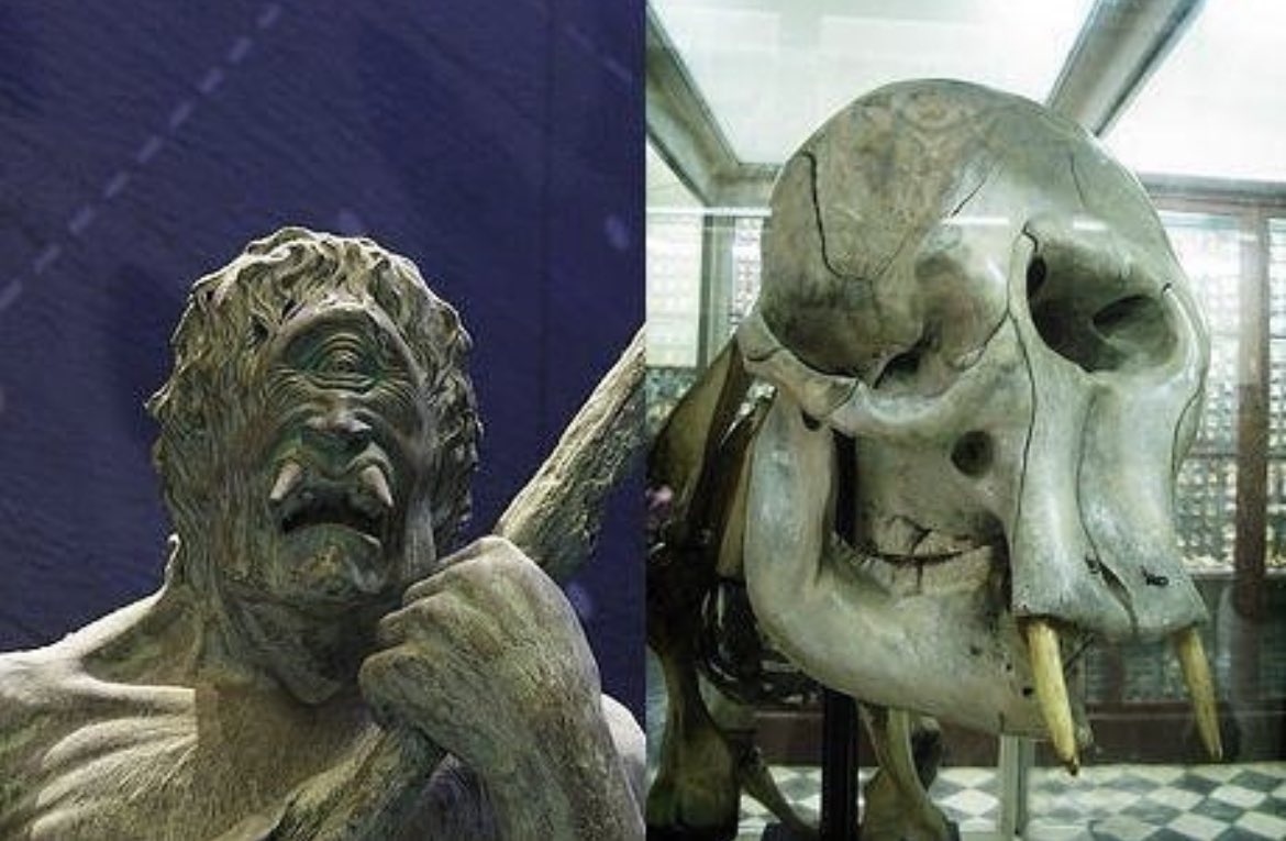 The fossil skulls of Pleistocene dwarf elephants scattered throughout the coastal caves in Italy and the Greek islands most likely inspired the one-eyed Cyclopes in ancient Greek mythology.

During the Pleistocene ice age (2,580,000 to 11,700 years ago), land bridges emerged,