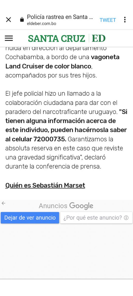 olgasuarez2's tweet photo. @JuanFaroppaF Por culpa del amiguito ,esperando el nuevo video de la #Bolivia ,habrá #escapado hacia Narcoguay ?Hay que agendar el Celular ,por si alguien lo ve !!! https://t.co/StUq9KvE1H